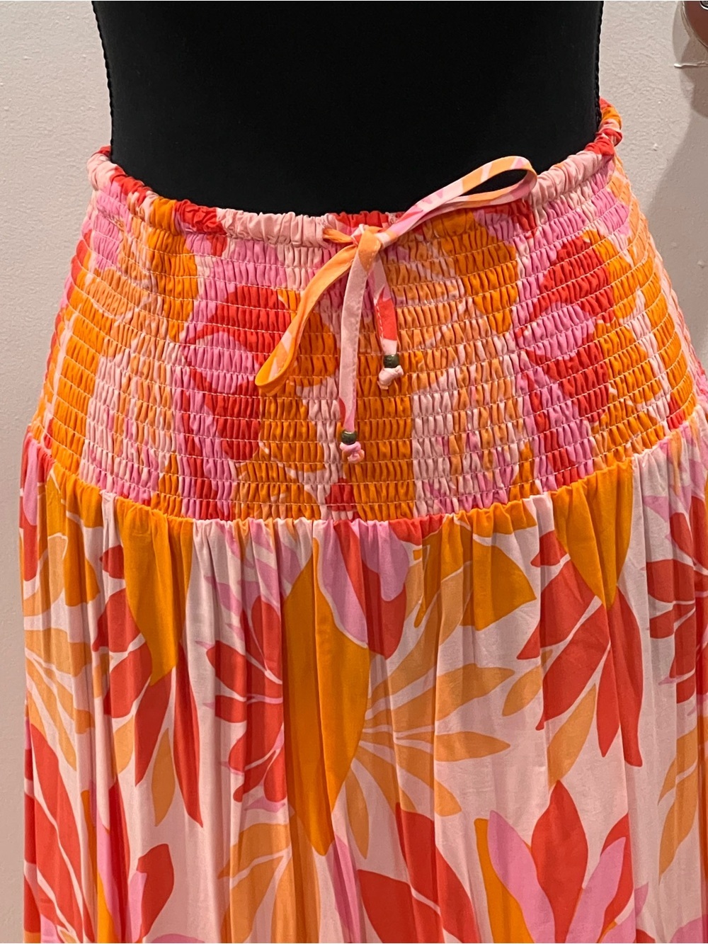 Tiered Floral Maxi Skirt with Smocked Waist in Pink & Orange - Picture 2 of 5